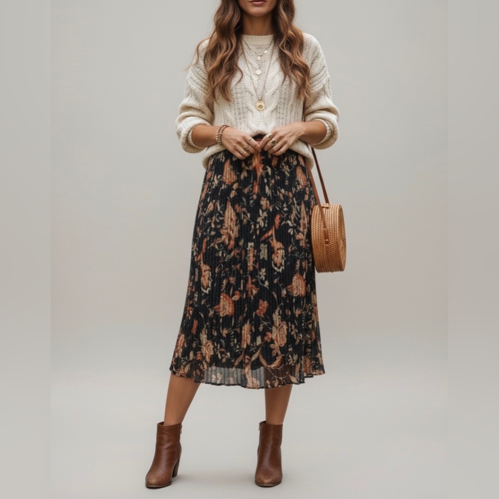 Olsen Dark Floral Pleated Midi Skirt Whimsigoth Witchy Navy Purple 6